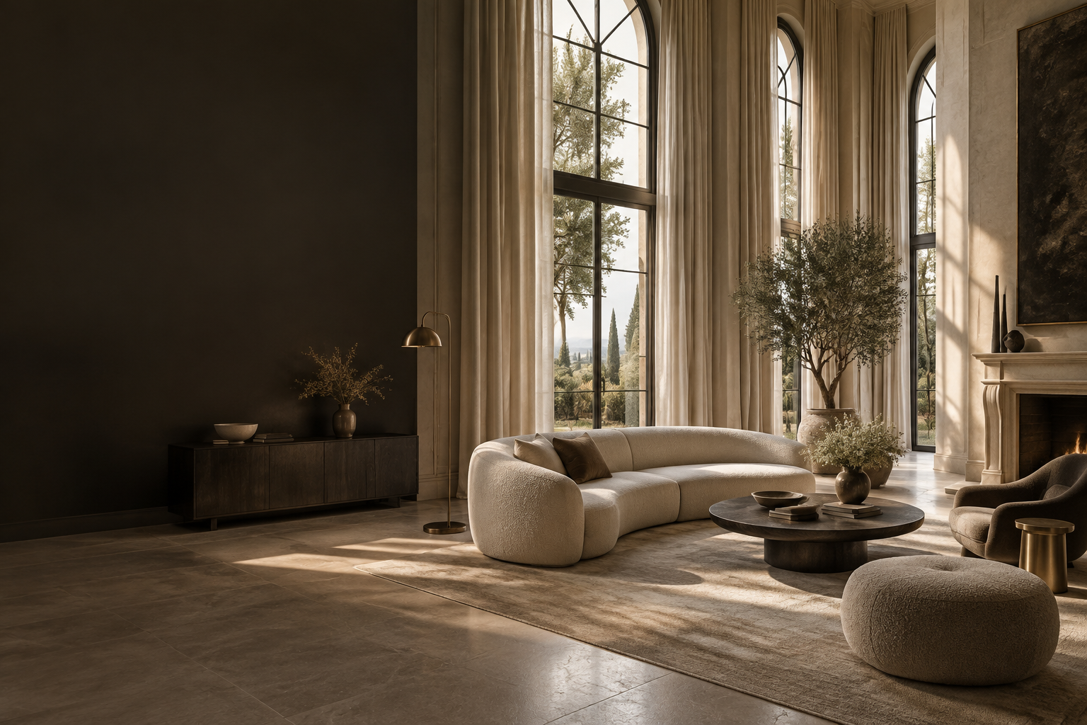 Inspirationsraum mit raumhohen Leinenvorhängen, hellem Sofa und dunklen Holzakzenten.