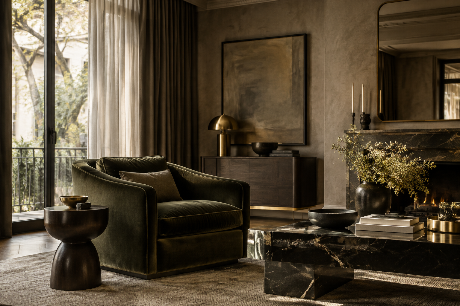 Wohnzimmer-Inspiration mit olivgrünem Samtsessel, strukturierten Wänden und mehrlagiger Fensterdekoration.